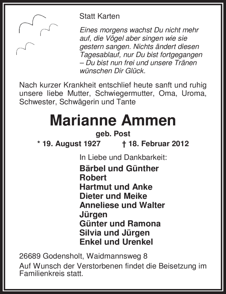  Traueranzeige für Marianne Ammen vom 20.02.2012 aus Nordwest-Zeitung