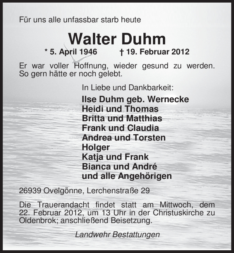  Traueranzeige für Walter Duhm vom 21.02.2012 aus Nordwest-Zeitung