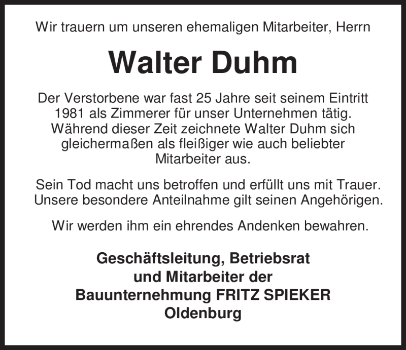  Traueranzeige für Walter Duhm vom 21.02.2012 aus Nordwest-Zeitung