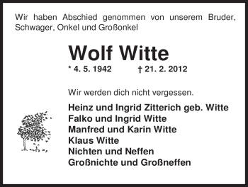 Traueranzeige von Wolf Witte von Nordwest-Zeitung