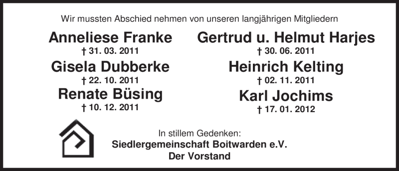  Traueranzeige für Siedlergemeinschaft Boitwarden e.V. gedenken vom 25.02.2012 aus Nordwest-Zeitung