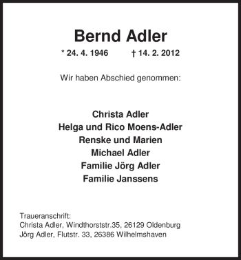 Traueranzeige von Bernd Adler von Nordwest-Zeitung