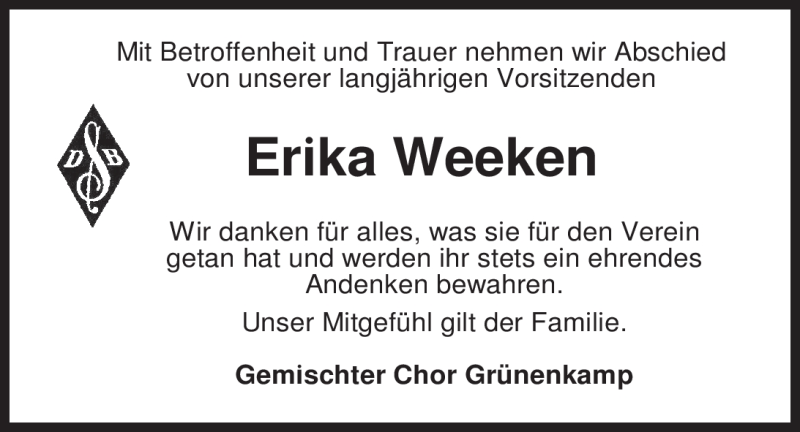  Traueranzeige für Erika Weeken vom 29.02.2012 aus Nordwest-Zeitung