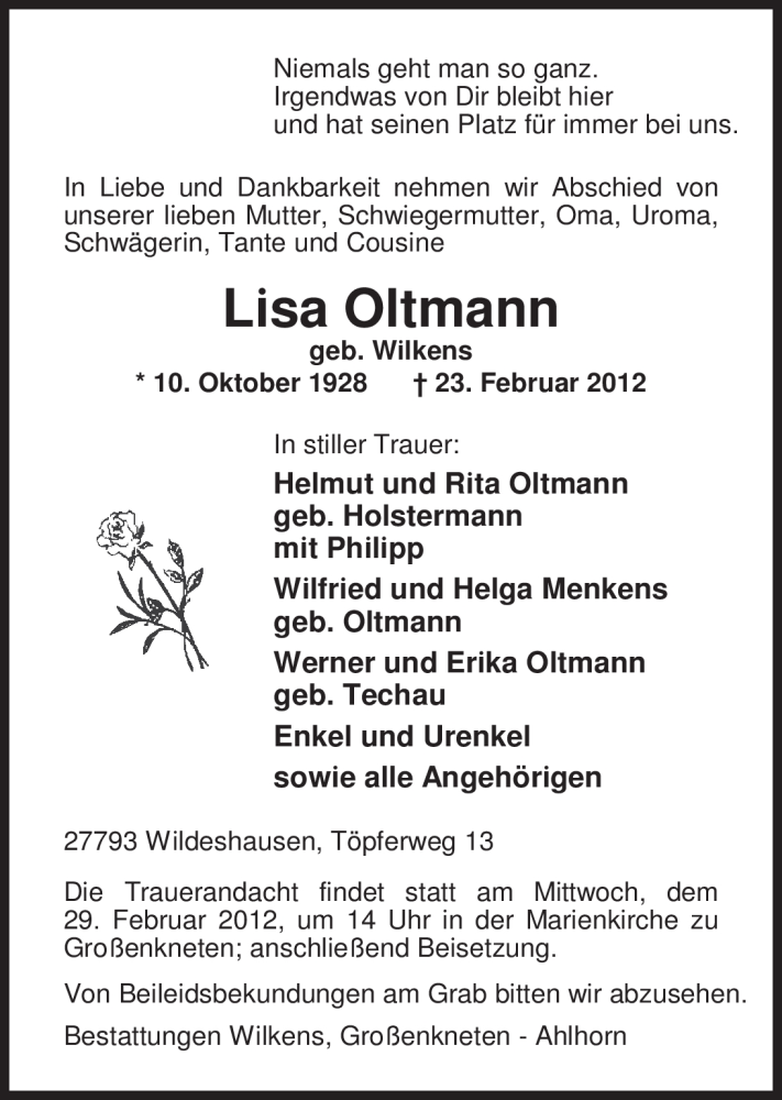 Traueranzeige für Lisa Oltmann vom 25.02.2012 aus Nordwest-Zeitung