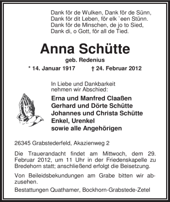 Traueranzeige von Anna Schütte von Nordwest-Zeitung