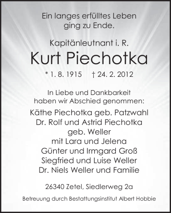 Traueranzeige von Kurt Piechotka von Nordwest-Zeitung