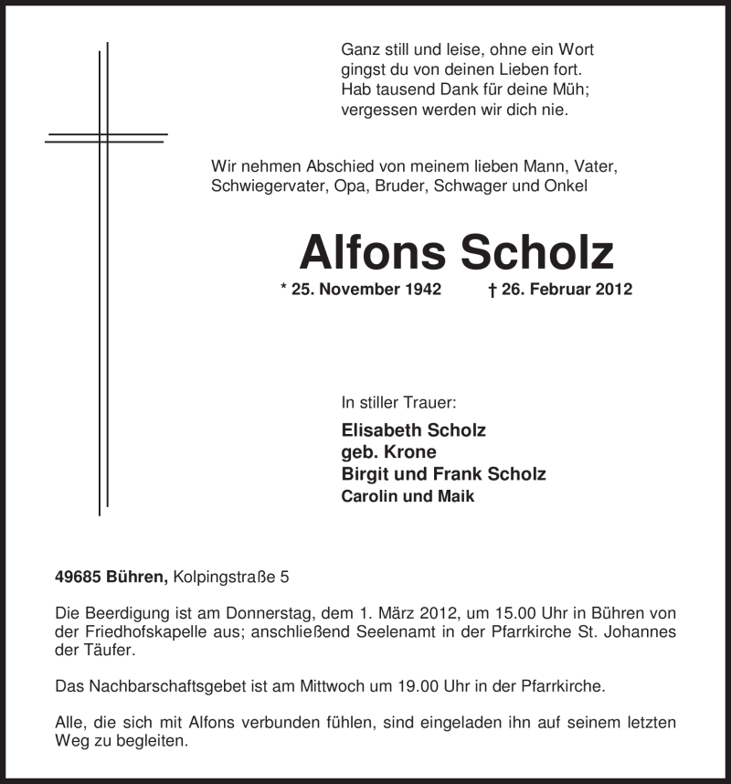  Traueranzeige für Alfons Scholz vom 28.02.2012 aus Nordwest-Zeitung