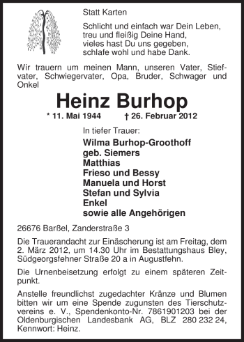 Traueranzeige von Heinz Burhop von Nordwest-Zeitung