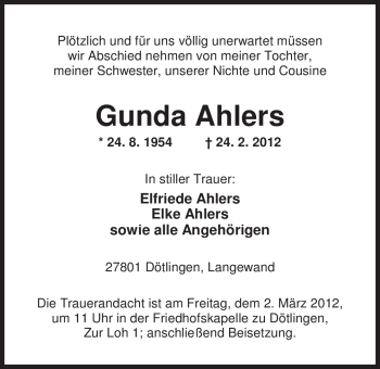 Traueranzeige von Gunda Ahlers von Nordwest-Zeitung
