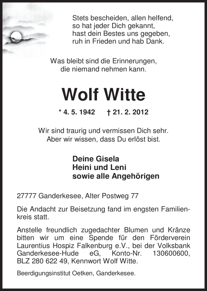  Traueranzeige für Wolf Witte vom 29.02.2012 aus Nordwest-Zeitung