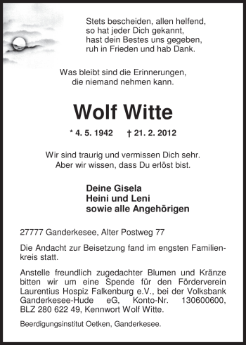 Traueranzeige von Wolf Witte von Nordwest-Zeitung