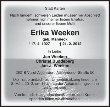 Traueranzeige von Erika Weeken von Nordwest-Zeitung