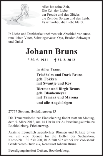 Traueranzeige von Johann Bruns von Nordwest-Zeitung