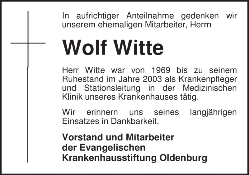  Traueranzeige für Wolf Witte vom 01.03.2012 aus Nordwest-Zeitung