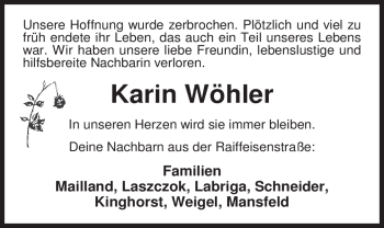 Traueranzeige von Karin Wöhler von Nordwest-Zeitung
