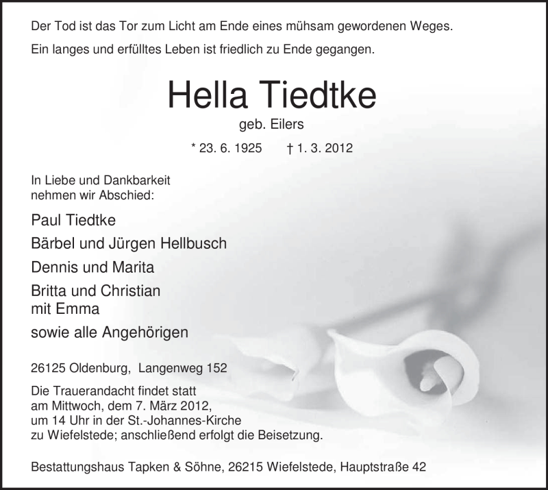  Traueranzeige für Hella Tiedtke vom 03.03.2012 aus Nordwest-Zeitung
