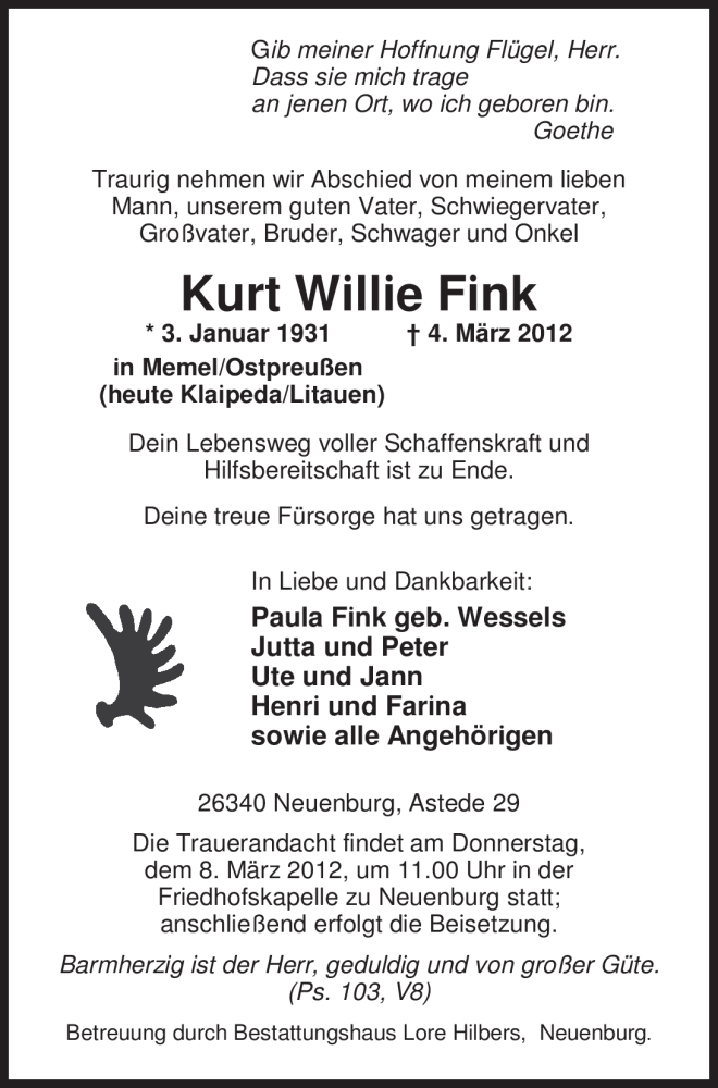  Traueranzeige für Kurt Willie Fink vom 05.03.2012 aus Nordwest-Zeitung