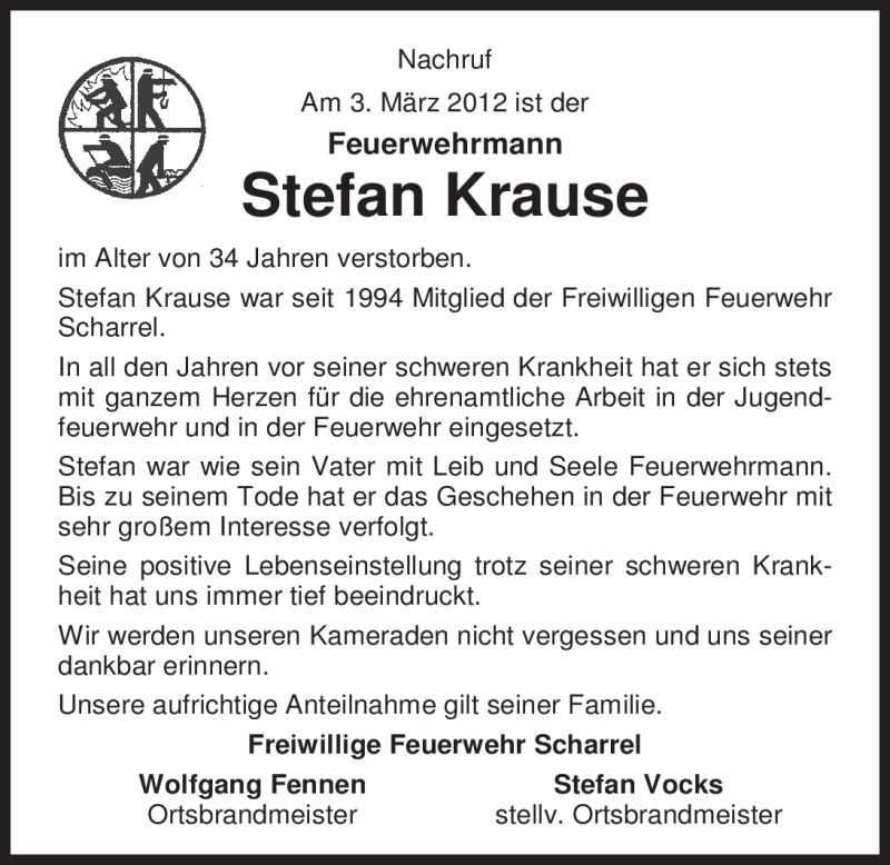  Traueranzeige für Stefan Krause vom 06.03.2012 aus Nordwest-Zeitung