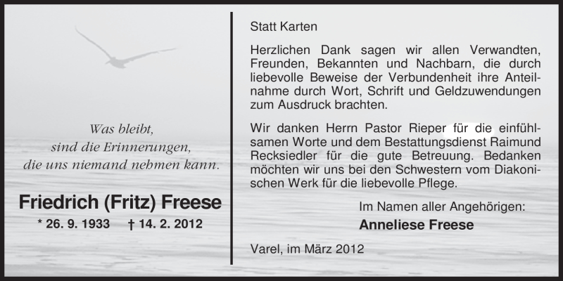  Traueranzeige für Friedrich Freese vom 17.03.2012 aus Nordwest-Zeitung