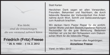 Traueranzeige von Friedrich Freese von Nordwest-Zeitung