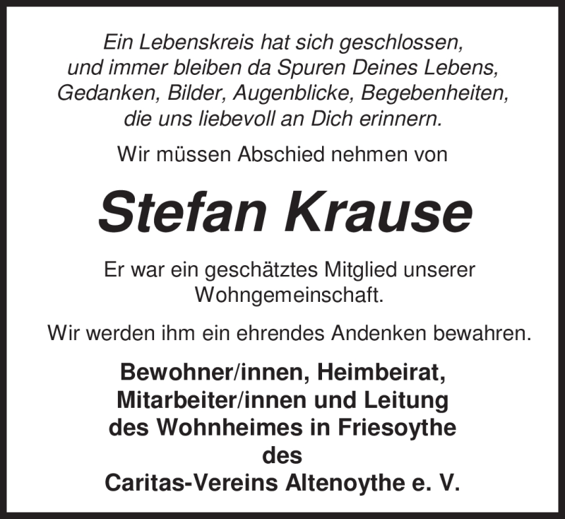  Traueranzeige für Stefan Krause vom 08.03.2012 aus Nordwest-Zeitung