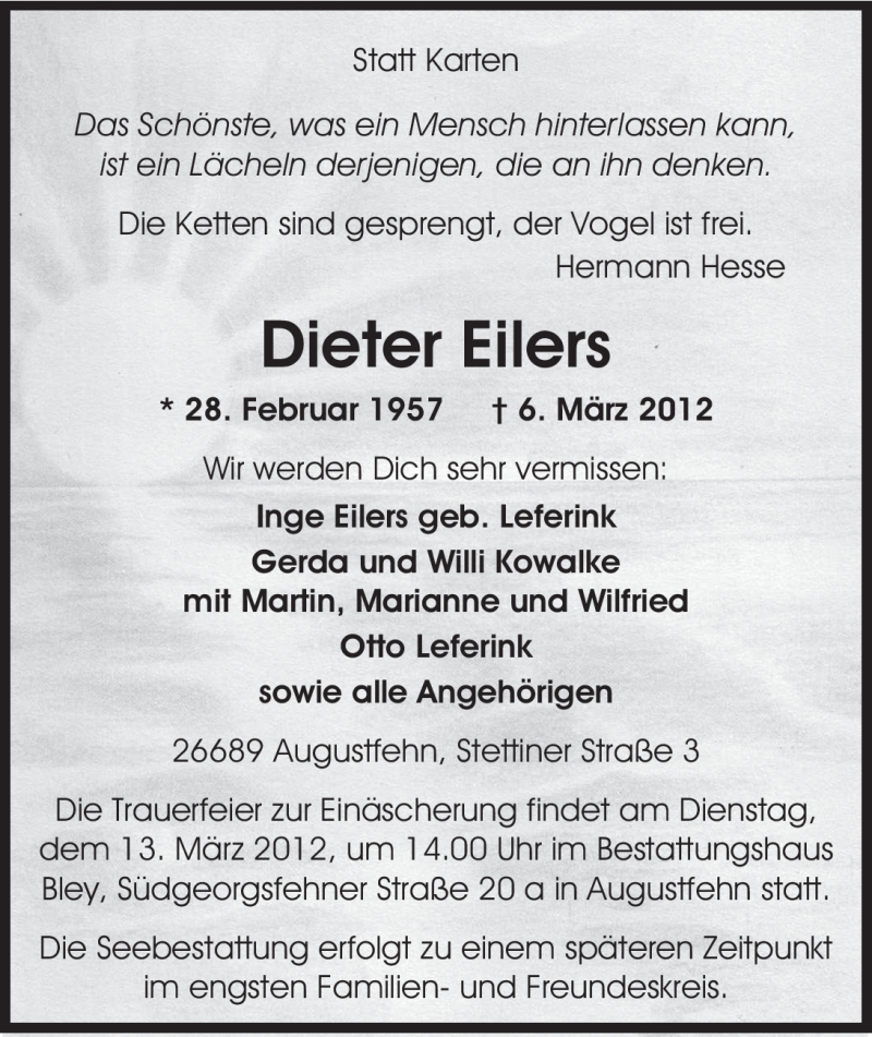  Traueranzeige für Dieter Eilers vom 08.03.2012 aus Nordwest-Zeitung