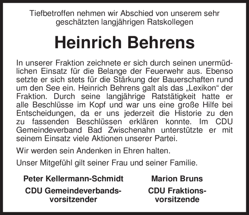  Traueranzeige für Heinrich Behrens vom 09.03.2012 aus Nordwest-Zeitung