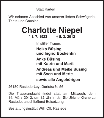 Traueranzeige von Charlotte Niepel von Nordwest-Zeitung
