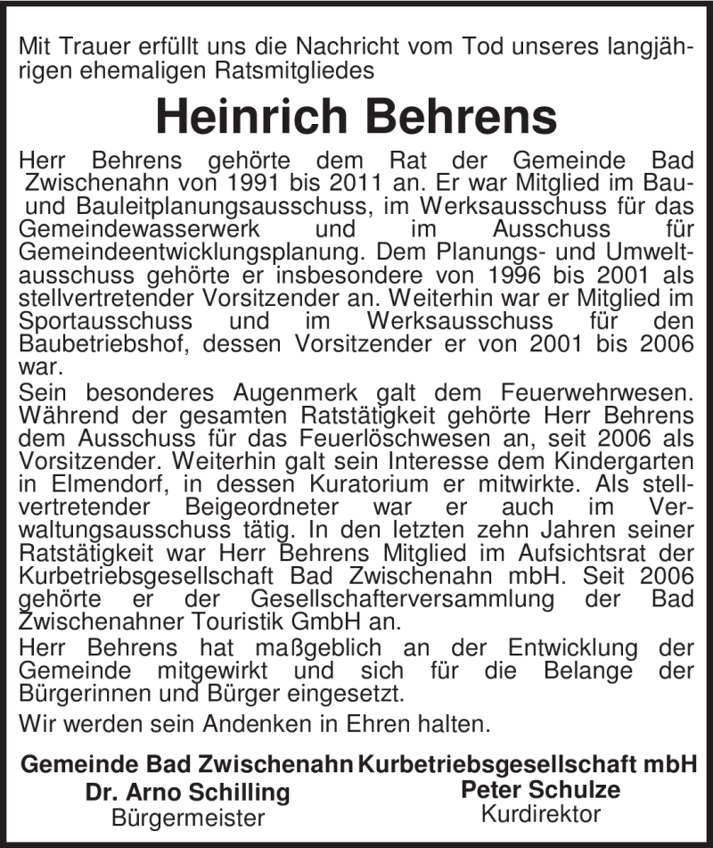  Traueranzeige für Heinrich Behrens vom 09.03.2012 aus Nordwest-Zeitung
