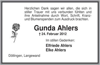 Traueranzeige von Gunda Ahlers von Nordwest-Zeitung