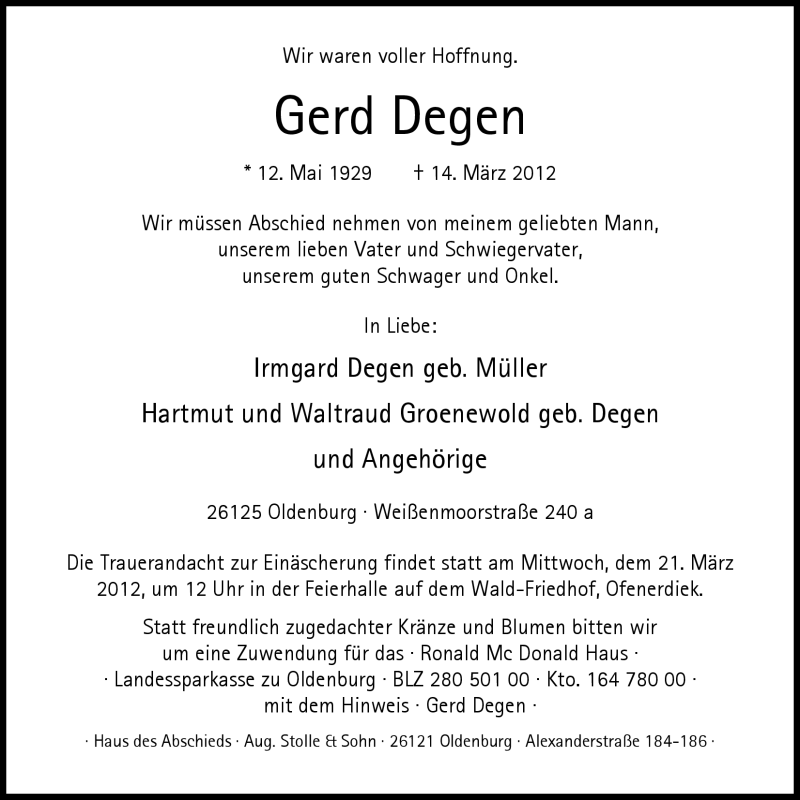 Traueranzeige für Gerd Degen vom 17.03.2012 aus Nordwest-Zeitung
