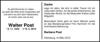 Traueranzeige von Walter Post von Nordwest-Zeitung