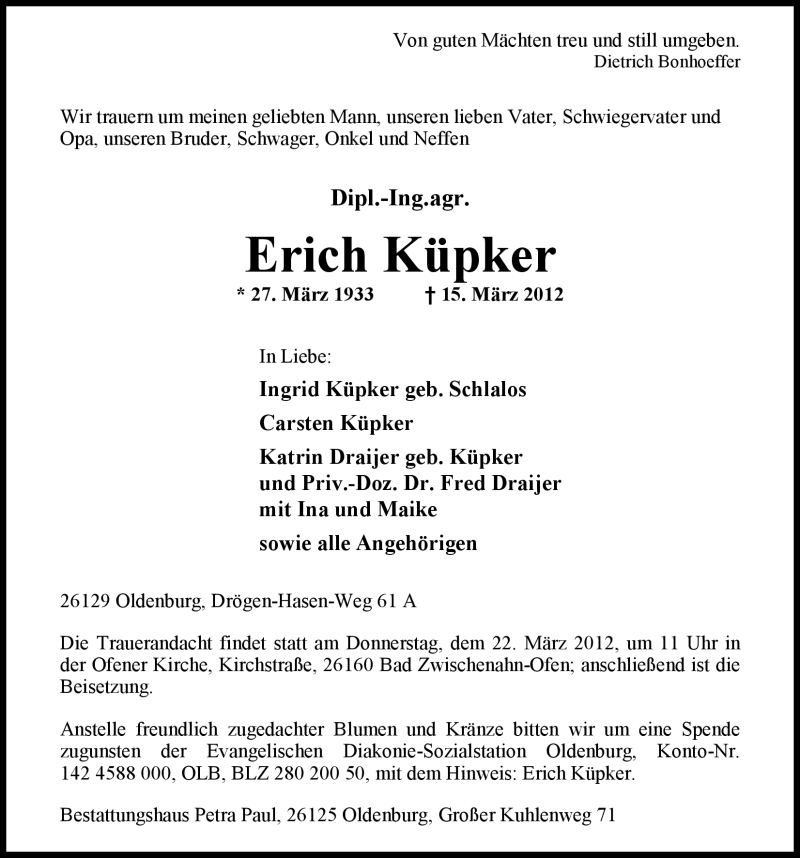  Traueranzeige für Erich Küpker vom 17.03.2012 aus Nordwest-Zeitung