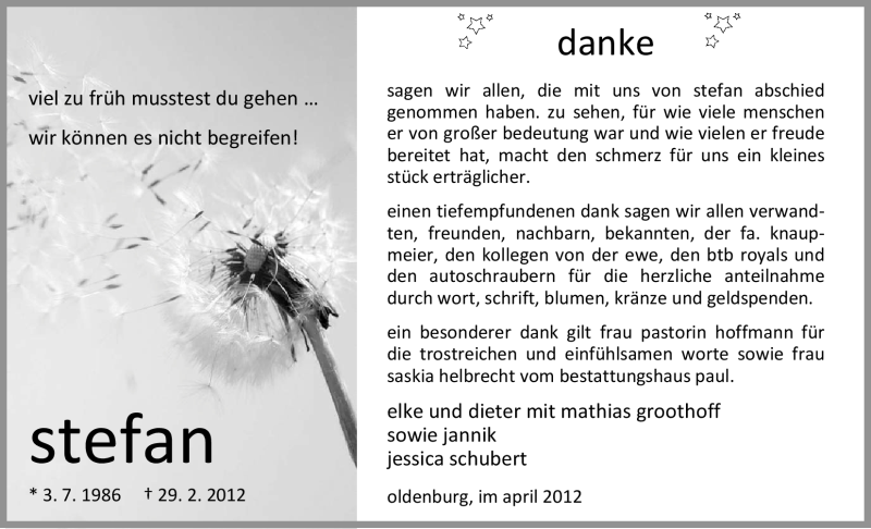  Traueranzeige für Stefan Groothoff vom 14.04.2012 aus Nordwest-Zeitung