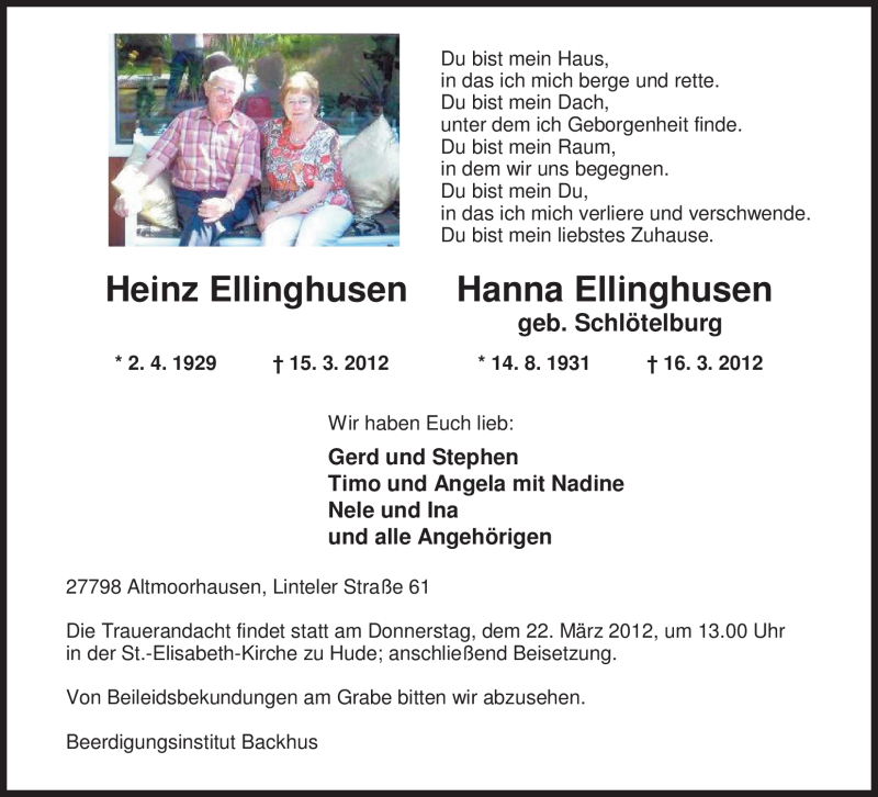  Traueranzeige für Heinz und Hanna Ellinghusen vom 19.03.2012 aus Nordwest-Zeitung
