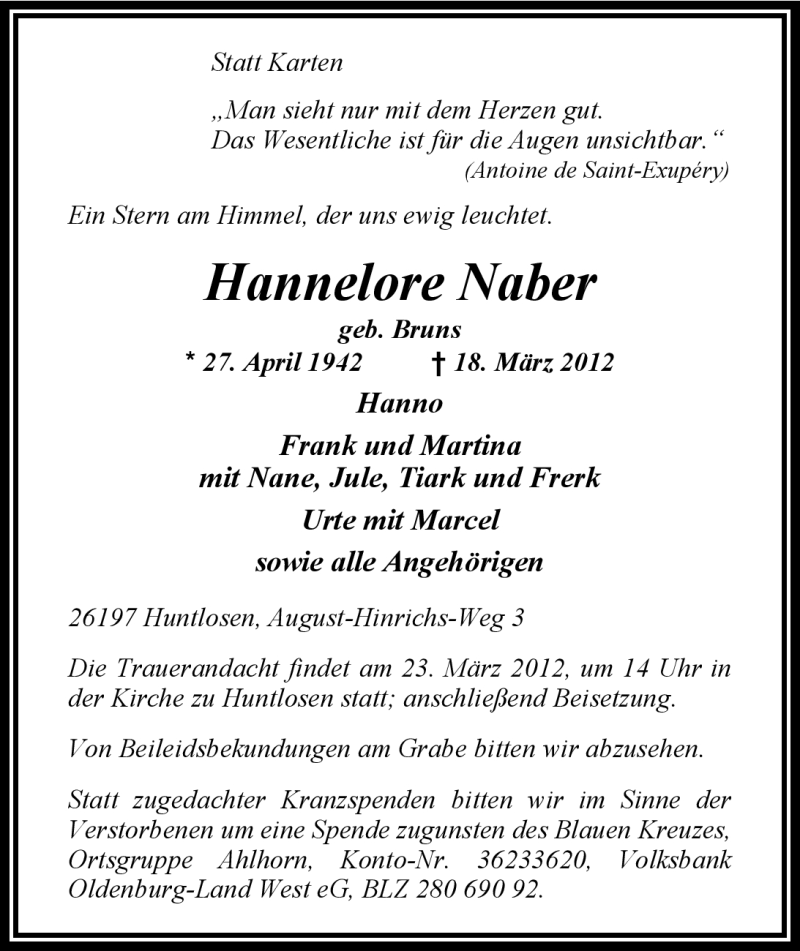  Traueranzeige für Hannelore Naber vom 20.03.2012 aus Nordwest-Zeitung
