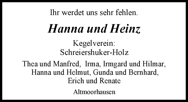  Traueranzeige für Heinz und Hanna Ellinghusen vom 20.03.2012 aus Nordwest-Zeitung