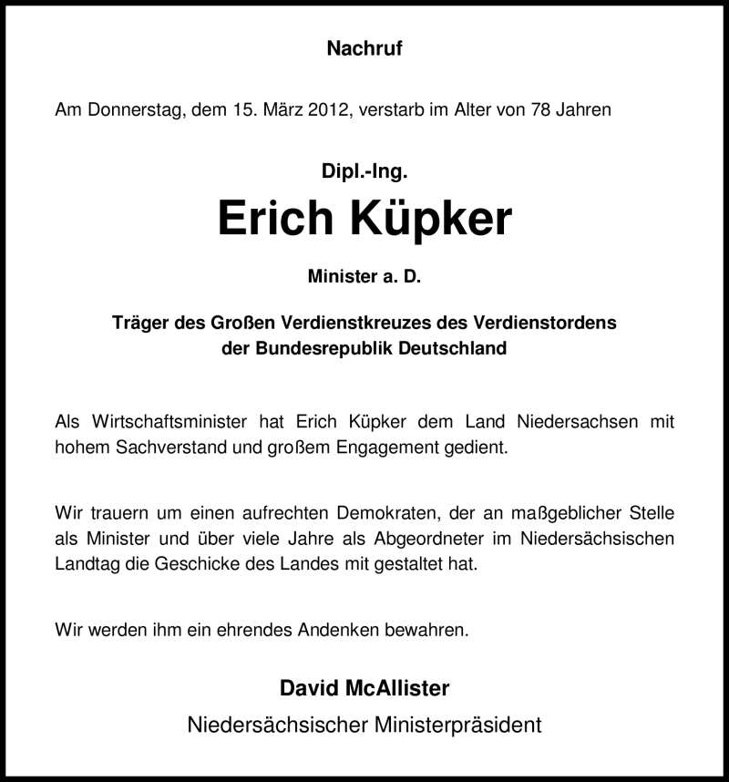  Traueranzeige für Erich Küpker vom 20.03.2012 aus Nordwest-Zeitung