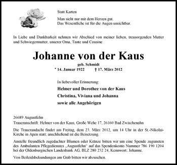 Traueranzeige von Johanne von der Kaus von Nordwest-Zeitung