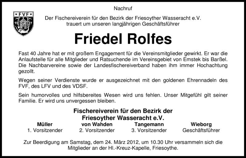 Traueranzeige für Friedrich Rolfes vom 21.03.2012 aus Nordwest-Zeitung