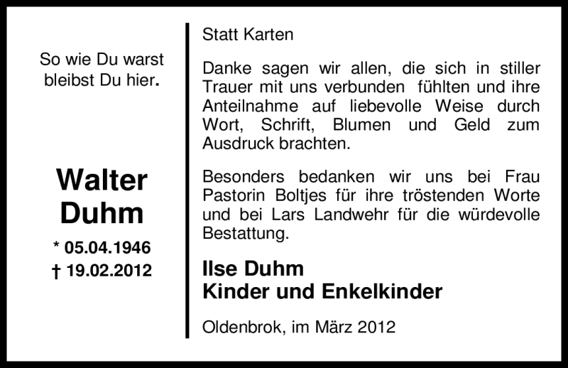  Traueranzeige für Walter Duhm vom 24.03.2012 aus Nordwest-Zeitung