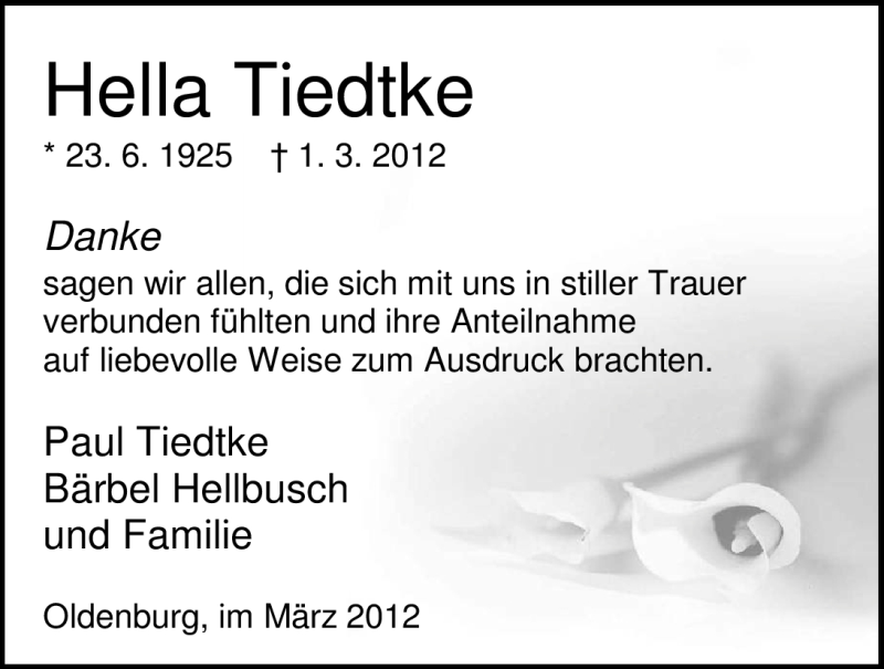  Traueranzeige für Hella Tiedtke vom 24.03.2012 aus Nordwest-Zeitung