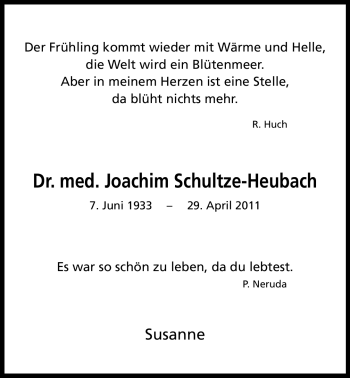 Traueranzeige von Dr. med. Joachim Schultze-Heubach von Nordwest-Zeitung
