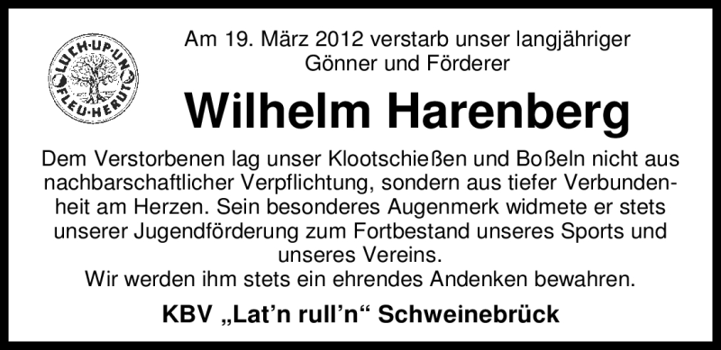  Traueranzeige für Wilhelm Harenberg vom 24.03.2012 aus Nordwest-Zeitung