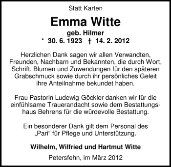 Traueranzeige von Emma Witte von Nordwest-Zeitung