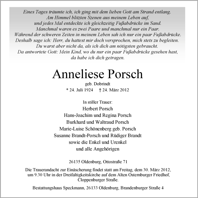  Traueranzeige für Anneliese Porsch vom 27.03.2012 aus Nordwest-Zeitung