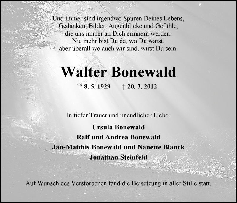  Traueranzeige für Walter Bonewald vom 07.04.2012 aus Nordwest-Zeitung