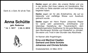 Traueranzeige von Anna Schütte von Nordwest-Zeitung