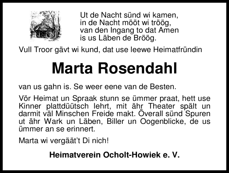  Traueranzeige für Marta Rosendahl vom 30.03.2012 aus Nordwest-Zeitung