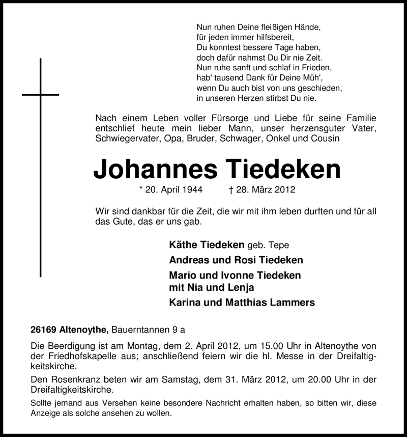  Traueranzeige für Johannes Tiedeken vom 30.03.2012 aus Nordwest-Zeitung